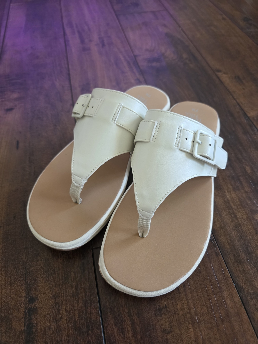 Time and Tru Cream Thong Sandals with Buckle Detail